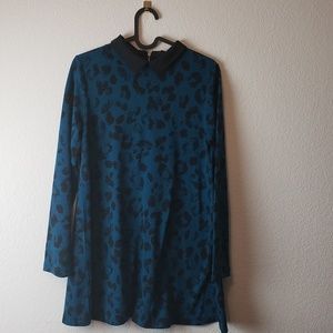 Long Sleeve Teal Cheetah Print Baby Doll Dress